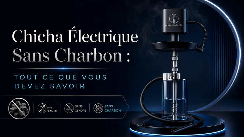 Chicha électrique WOWHOOKAH sans charbon avec système de chauffe électrique, fumée douce, design noir premium et message sans flamme, sans cendre, sans charbon.